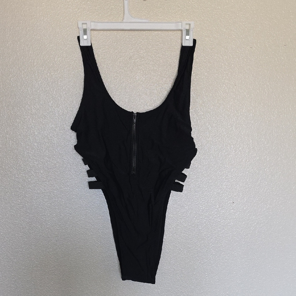 Black One-Piece Swimsuit with Zipper